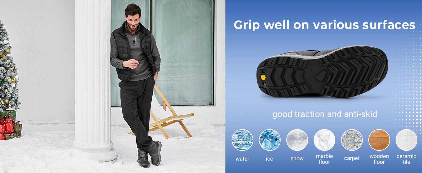 FitVille Men's CozyCore Winter Boots V8 - Jet Black Slip Resistant Snow Boots with High Rebound EVA Foam & Adjustable Velcro Strap for Wide Feet