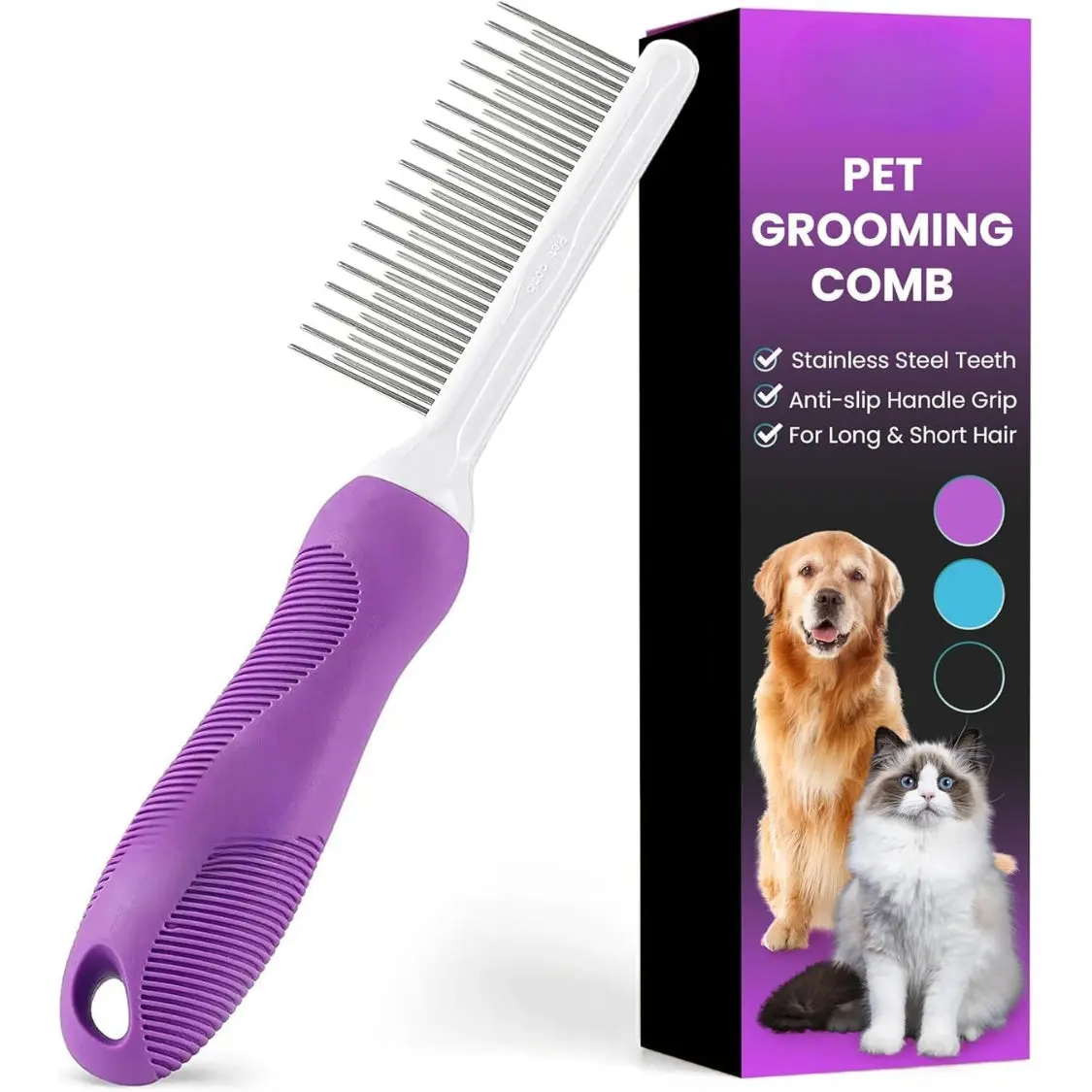 Pet Grooming Comb with Long-Short Stainless Steel Teeth - Detangling Hair Tool for Removing Matted Fur, Knots, Tangles - Dog & Cat Flea & Tick Healthcare Accessory