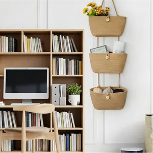 Over the Door Hanging Baskets with Wooden Button, 3-Tier Woven Cotton Storage Organizer Bag, Wall-Mounted with Hook Decorative Hanging Nursery Baskets, Jute