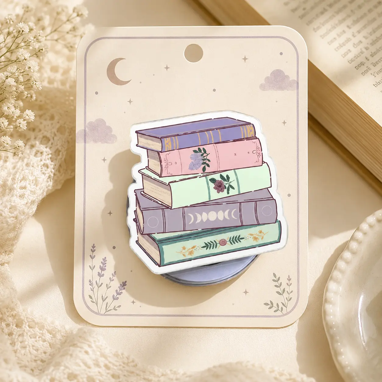Pastel Book Lover Phone Grip, Cozy Reading Kindle Grip, Magnetic MagSafe Phone Holder