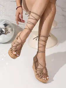 Women's Summer Lace-up Platform Wedge Sandals - Cork Sole Open Toe Gladiator Sandals, Comfortable Platform Gladiator Heels with Boho Hollow Out Design, Lightweight & Anti-Slip Resort Wear for Vacation, Casual Daily & Office Commute.
