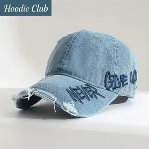 Men’s Vintage Washed Blue Baseball Cap Retro Distressed Embroidered Side Letter Wide Brim Sun Protection Hat Adjustable Unisex Streetwear Style Fashion Cap for Men Women Daily Wear Outdoor Travel Hiking Cycling Casual Summer Cap