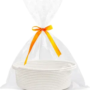 Cotton Rope Woven Storage Basket with Handle, Includes Gift Bag and Ribbon, Durable Empty Basket for Pet Supplies, Beauty Products, Holiday Gifts