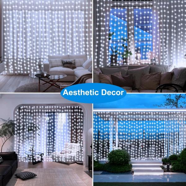300 LED Curtain Lights, 9.8Ft x 9.8Ft USB Plug in Christmas Fairy Curtain Lights with Remote, Hanging String Light for Bedroom Backdrop Window Wall Wedding Decor, Cool white