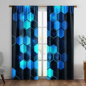 Hexagonal Print Curtains Set, Home Textile, Interior Decoration Accessories, Stylish Rod Pocket Window Drapes for Bedroom & Living Room, Comfortable Atmosphere, Easy Installation