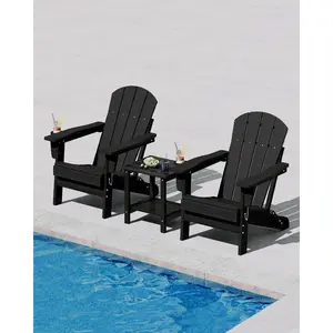 Folding HDPE Adirondack Lounge Chair, All-Weather Wooden Texture Outdoor Seat with Built-in Cup Holder, Water Resistant & Easy Assembly, Sturdy Design for Patio, Lawn, Garden and Fire Pit