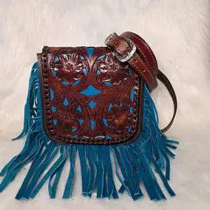 Colorina Floral Design Fringe Bag with Brown Leather Strap and Blue Fringe