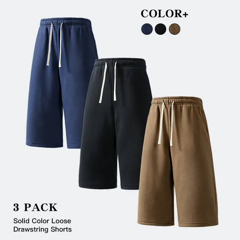 Loose Wide‑Leg 3‑Pack Unisex Cropped Sweat Shorts Elastic Drawstring Waist Deep Side Pockets Capri Shorts for Workout Jogging Home Daily Outfits