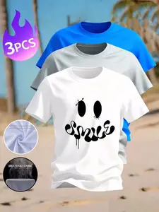 3 Pack Men's Dripping Smile "SMILE" Print T-Shirts, Casual Breathable Quick-Dry Short Sleeve Tops, Streetwear Y2K Graphic Tees for Men