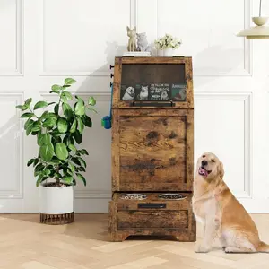Dog Feeding Station with Storage, Flip Top Dog Food Storage Cabinet with 2 Elevated Bowls, All in One Feeding Station with Drawer, Pet Food Container for Living Room, Brown