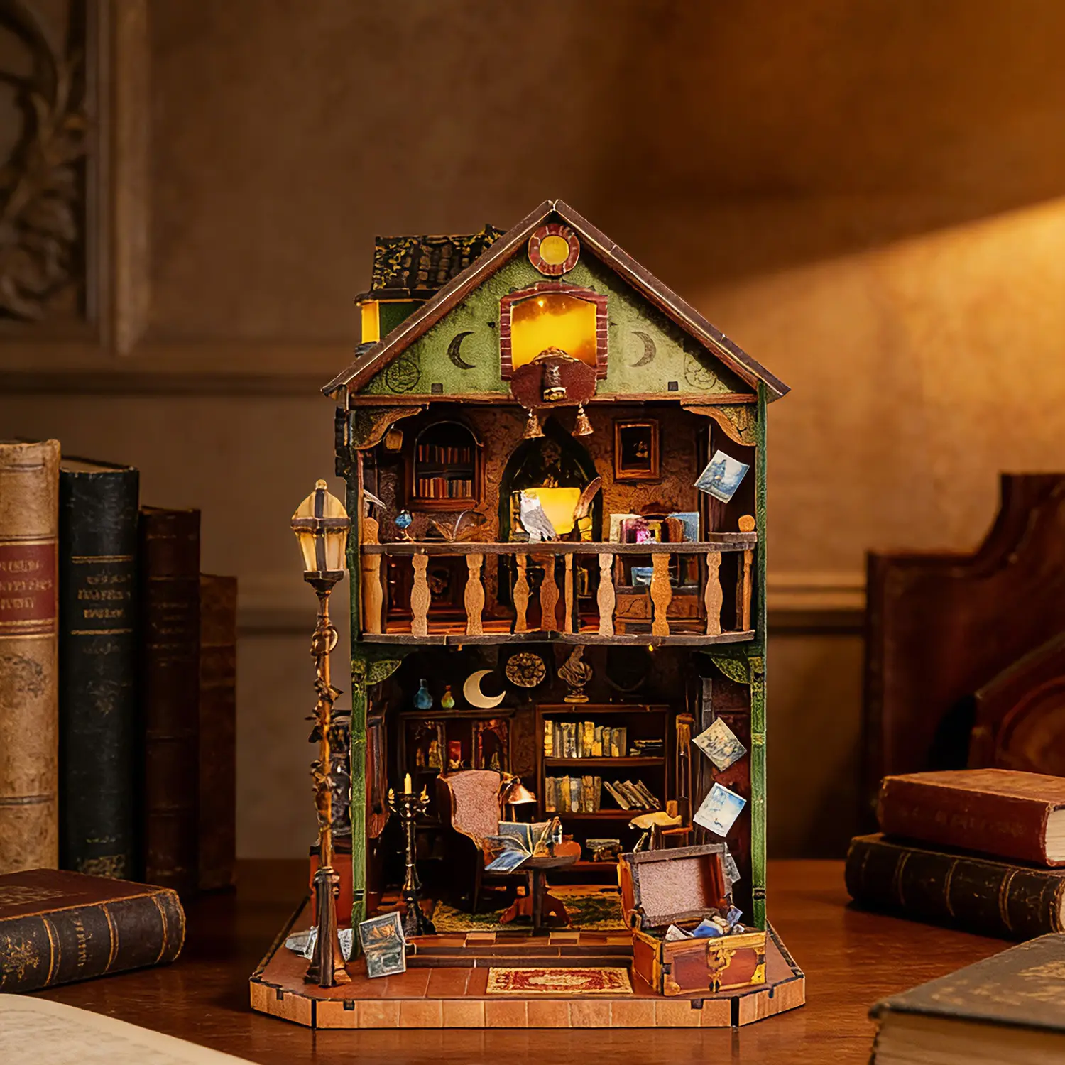 SummerVibers Gift,3D Wooden Miniature House Kit, Owl Library Magic World Book Nook with Light, Wooden Puzzle Bookend, Fairy Tale Book Nook, House Building Kit, Wooden Model Kit, Wooden Kit, DIY Miniature House Kit, Mother's Day Decor Gift for Adults 14+