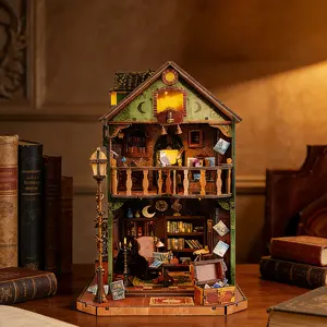 SummerVibers Gift,3D Wooden Miniature House Kit, Owl Library Magic World Book Nook with Light, Wooden Puzzle Bookend, Fairy Tale Book Nook, House Building Kit, Wooden Model Kit, Wooden Kit, DIY Miniature House Kit, Mother's Day Decor Gift for Adults 14+