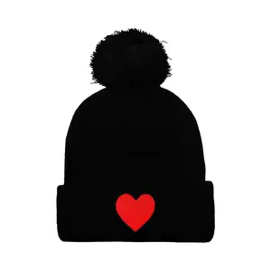 HEART POM POM RIB BEANIE - BLACK