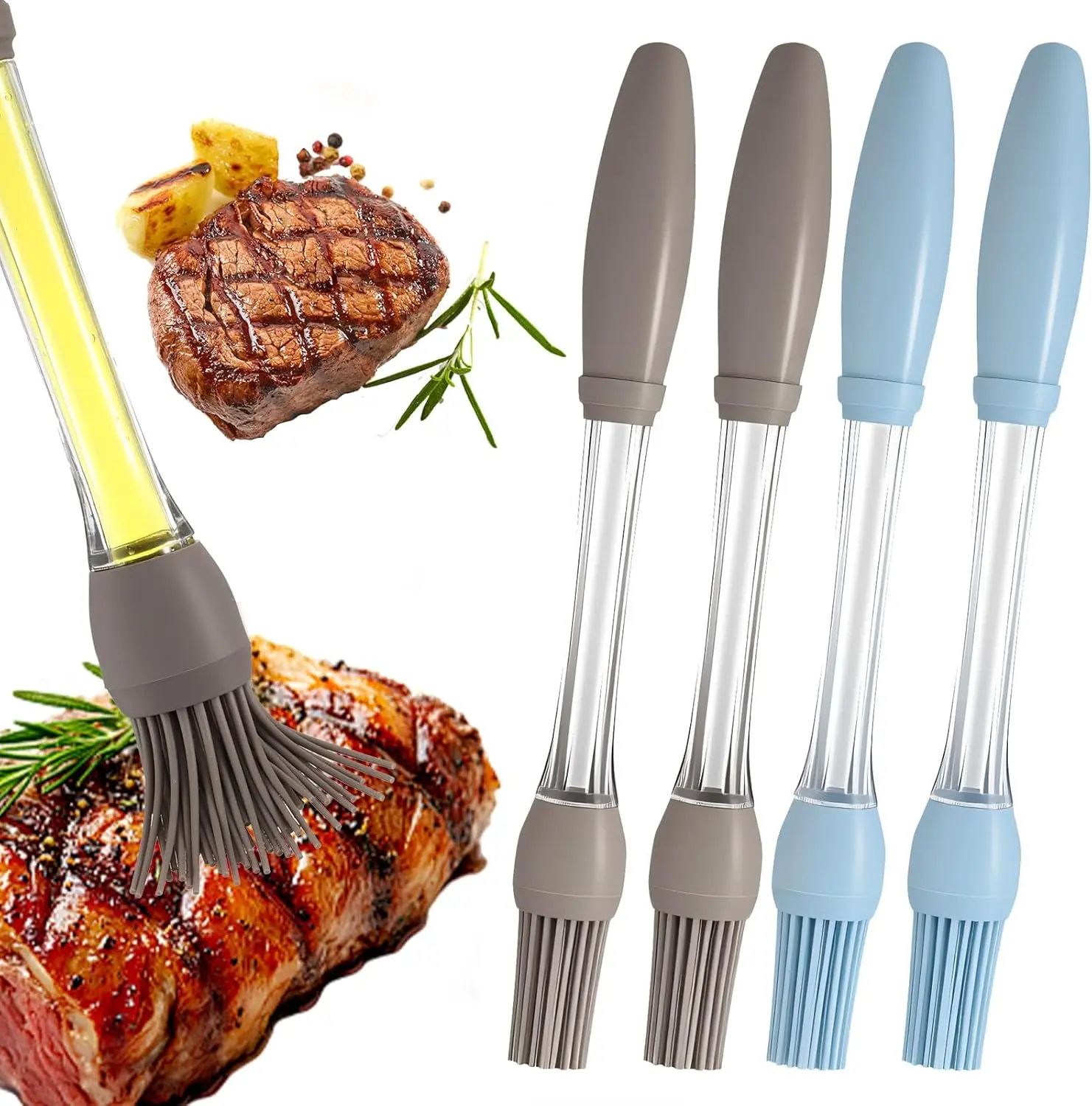 4Pcs Sturdy Silicone Grill Basting Brushes - Bakeware Kitchen Utensils, Heat-Resistant Flexible Tips, Hollow Non-Slip Handle, Built-In Oil Reservoir, ABS Construction, Dishwasher-Safe Blue Gray for Indoor, Camping BBQ & Grilling