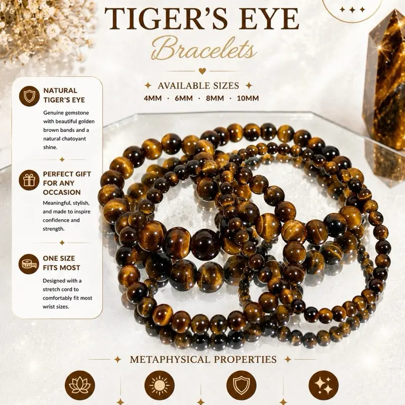 Tiger’s Eye Bracelet, Genuine Tigers Eye Beaded Stretch Bracelet, 4mm 6mm 8mm 10mm Crystal Bracelet, Protection Stone Jewelry