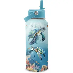 Sea Turtle Water Bottle Gifts for Women - 32oz Ocean Themed Insulated Water Bottle with Straw - Turtle Gifts for Marine Lover - Sea Turtles Stainless Steel Coffee Cup for Sports, Gym, Travel, School