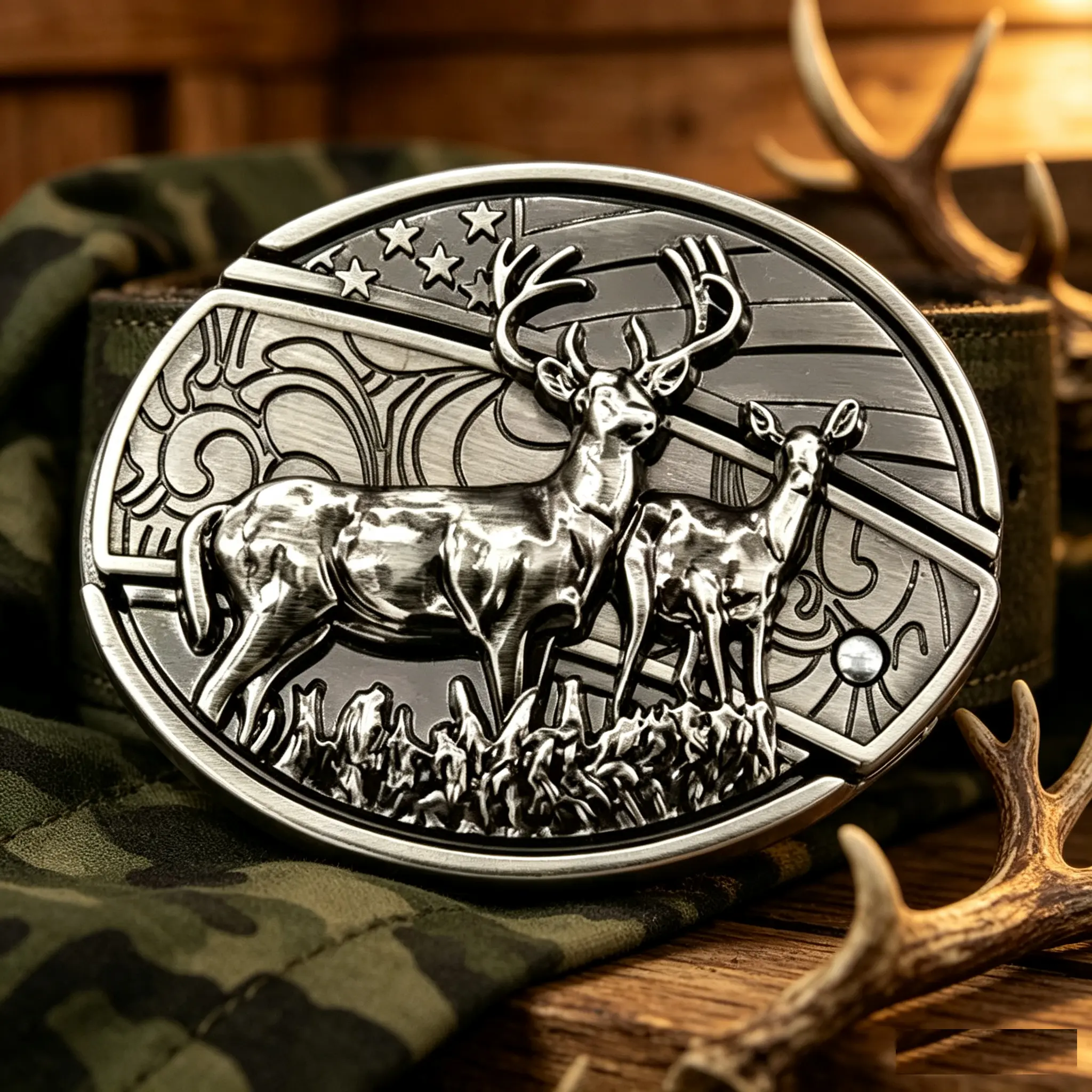 Antique Silver Deer & Doe Western Belt Buckle, Engraved American Flag Wildlife Hunting Cowboy Belt Buckle, Classic Oval Metal Belt Buckle Head for Men Women, Country Cowgirl Daily Party Wear Belt Accessory, Great Present for Family & Friends