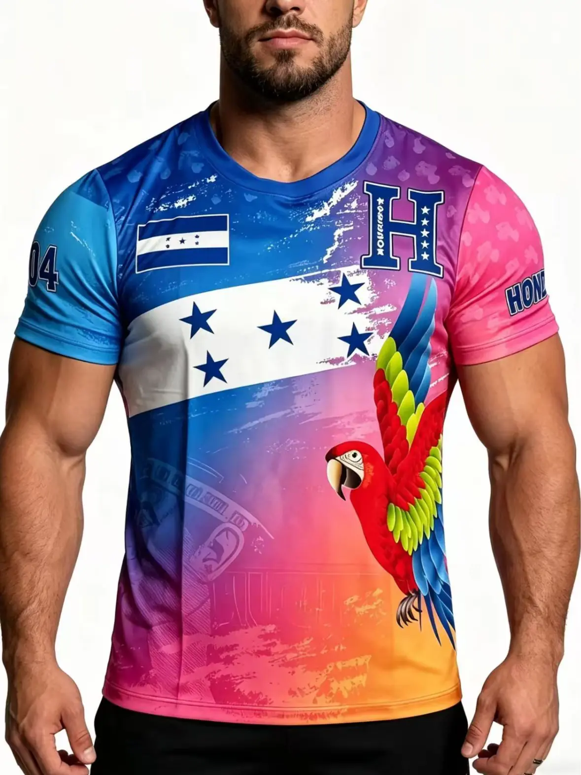 Men's Honduras Blue Football Jersey - Unisex Patriotic Soccer Shirt with Flag & Parrot Pattern, Short Sleeve, Casual Fit, Comfortable Stylish Athletic Top, Easy to Pair, Back to School Shopping