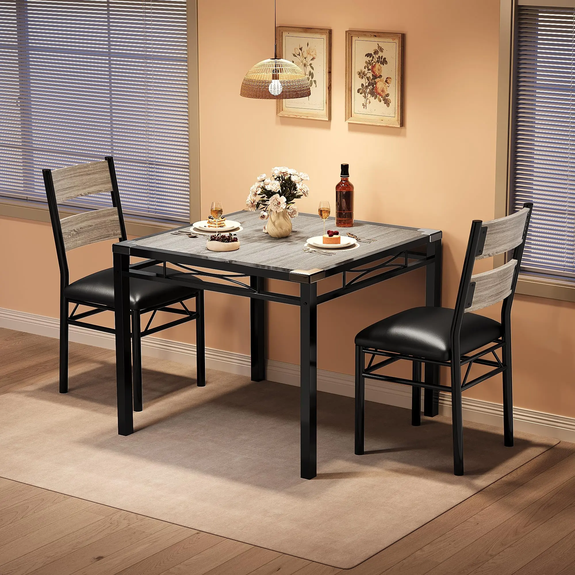 Garvee Wood Dining Table Set for 4 with Upholstered Chairs, Kitchen Table Chairs Set of 4 with Corner Protector, Dining Room Table Set for 4, for Kitchen, Apartment, Retro Gray