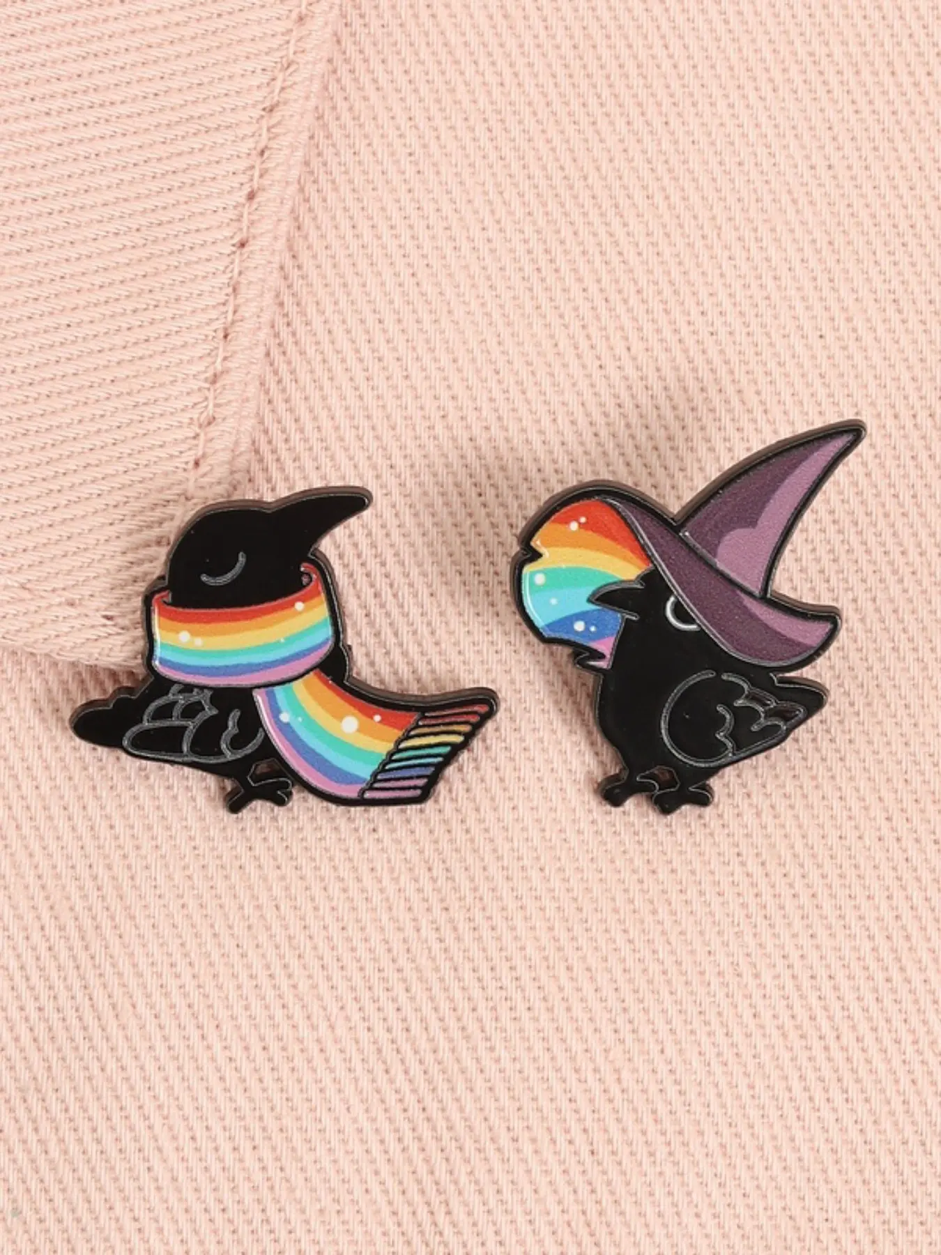 2PCS LGBTQ Witch Magic Crow Enamel Pin Durable Metal Pins Punk Gothic Unique Black Crows Wearing Magic Witch Hat Rainbow Scarf Metal Brooches Decoration Backpack Clothes Lapel Badge Funny Jewelry Gift for Friends Brooch Pin Clip