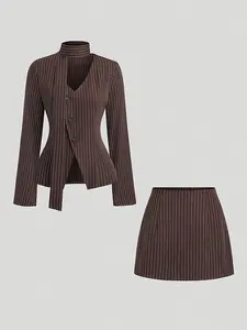 Elegant Striped Stand Collar Set, Fashionable Business Dress, Office Wear, Daily Commute, Stylish and Comfortable, Versatile Design