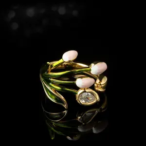 Forest-style fresh tulip ring with enamel oil drip, adjustable ring, high-end fashion for women
