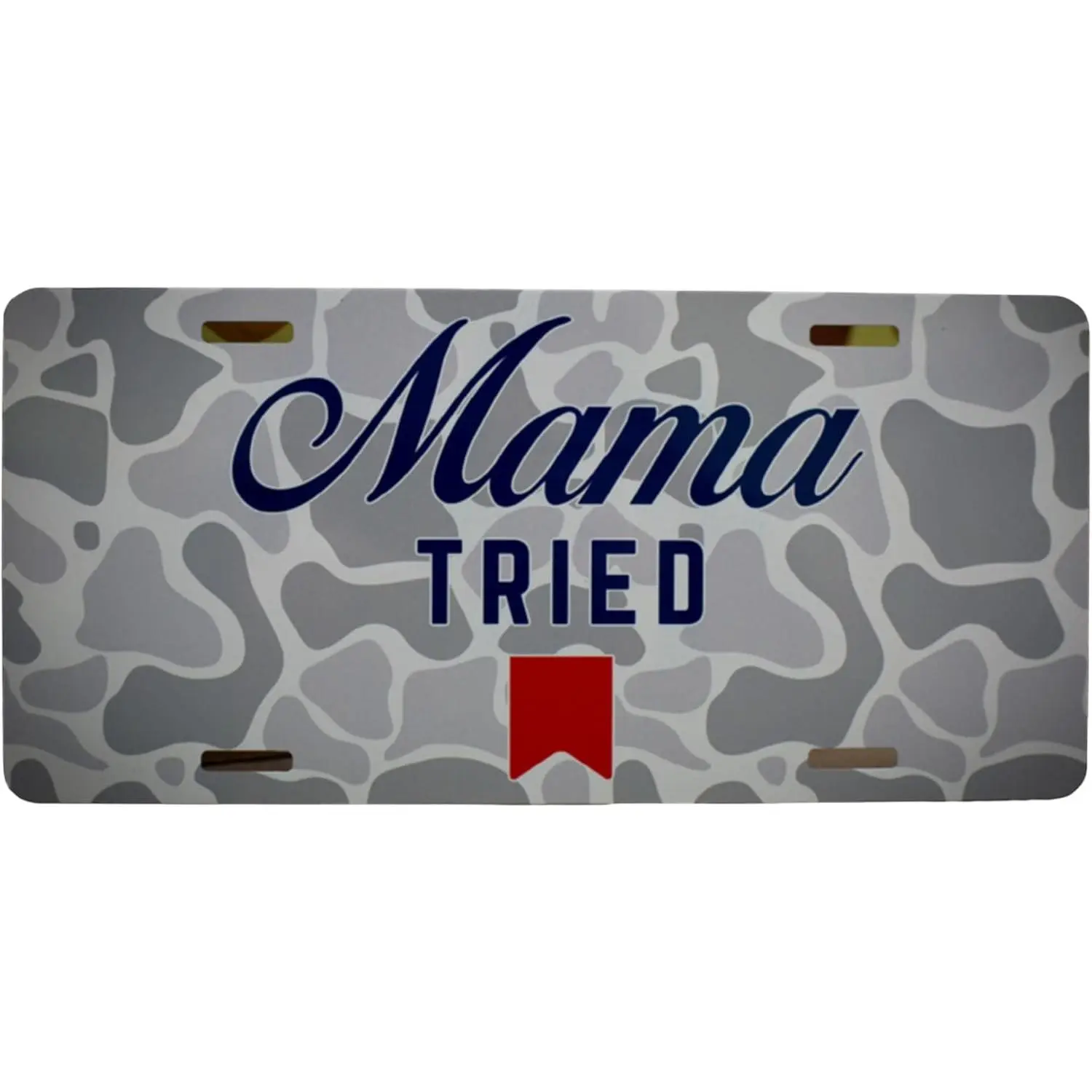 Scent South Ghost Camo "Mama Tried" 6x12in Aluminum Front Number Plate, Easy-Mounting Car Accessory, Hunting-Focused Auto Parts Accessory for Trucks SUVs, Hunting Season Gift for Country Music Fans