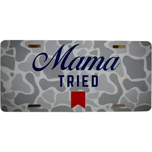 Scent South Ghost Camo "Mama Tried" 6x12 Front License Plate, Aluminum Cover, Easy Mounting for Truck SUV Meets Hunting Needs, Outdoor Gift for Him