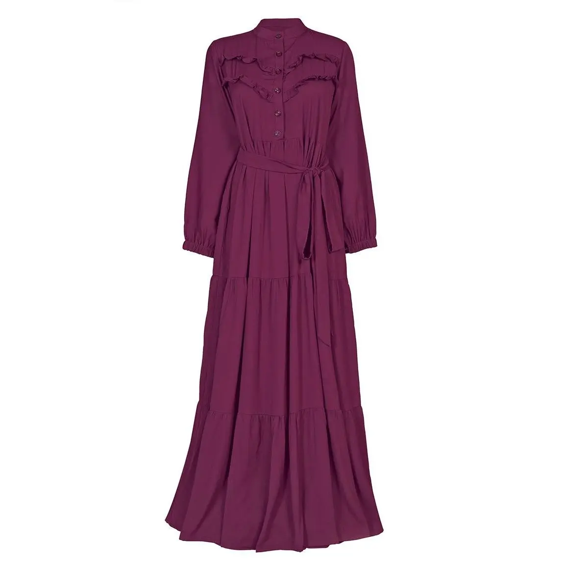 Women's Summer Cool Wine Tiered And Frill Detailing Abaya
