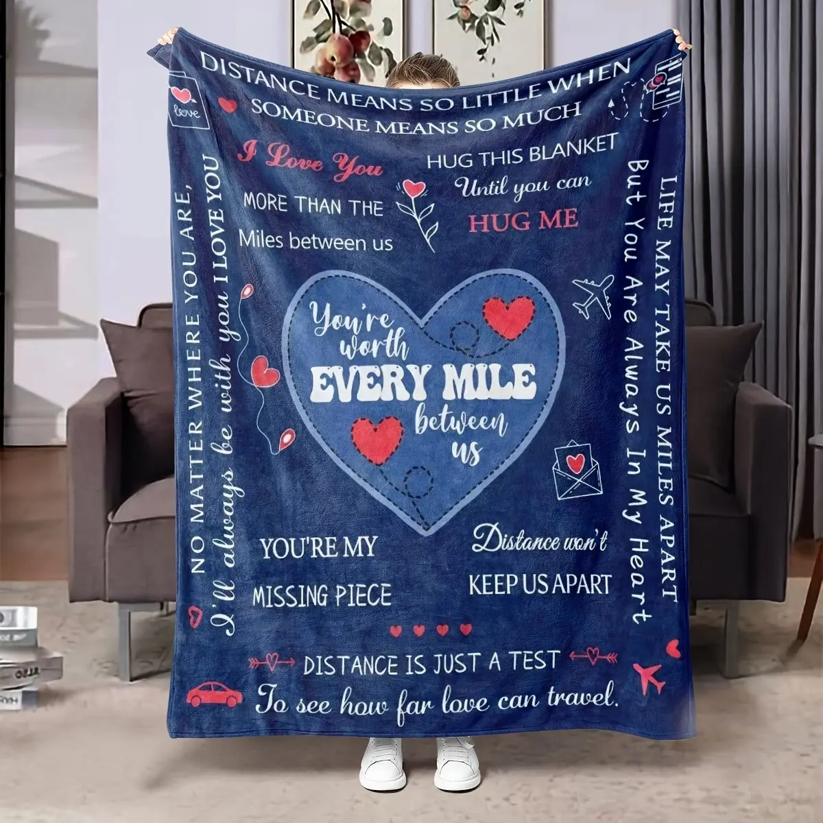 Long Distance Relationship Gift Printed Blanket, Shawl Wrap Throw Blanket Comfortable Soft Plush Blanket for Boyfriend Girlfriend Men Women Family Romantic Birthday Christmas Present, Suitable for Bed Sofa Chair Living Room Decoration All-Season Use