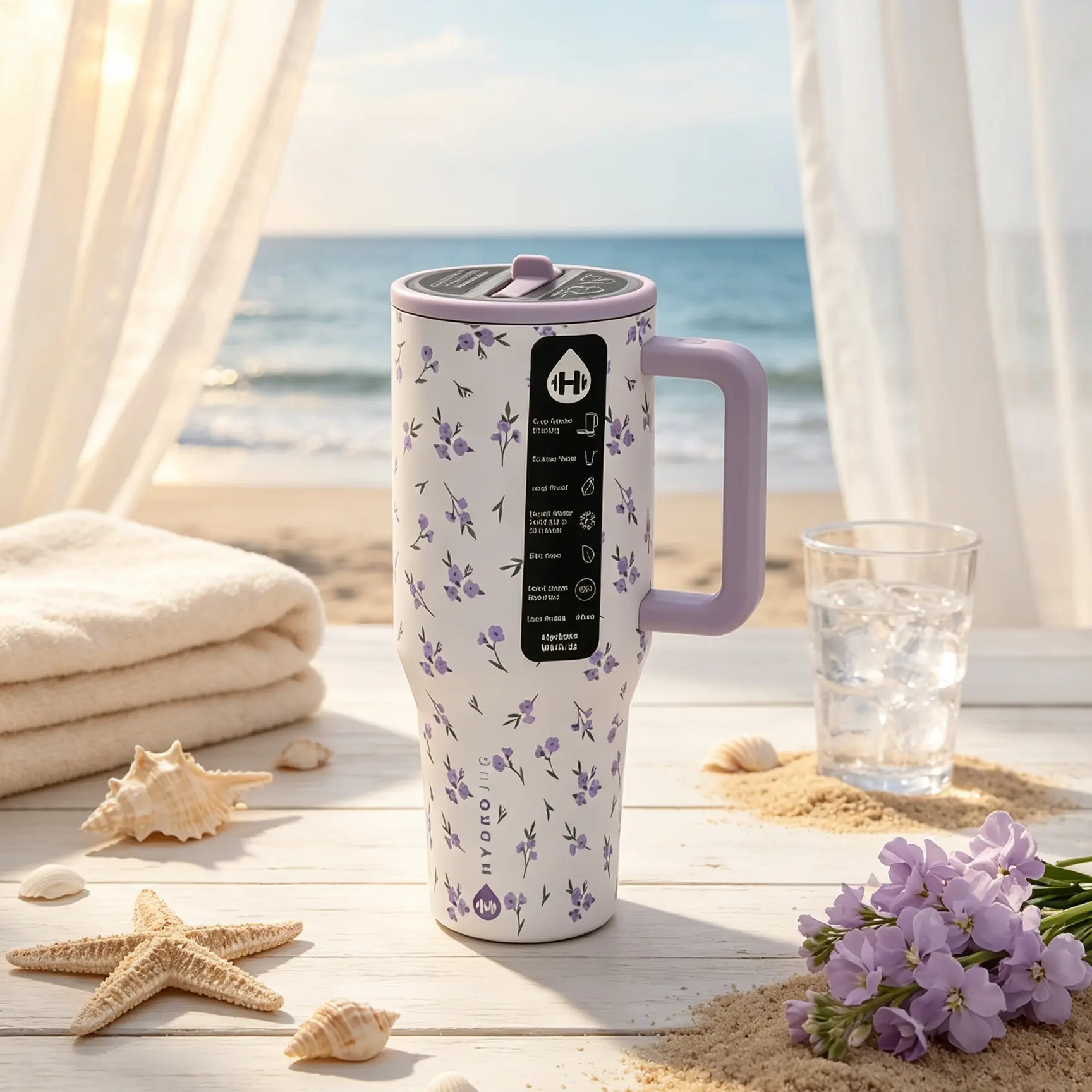 40oz Stainless Steel Insulated Vacuum Flask Tumbler by HydroJug, Stylish Modern Lavender Floral Design with Straw, Leak-Proof, Car Cup Holder-Fit, Sports Use, All-Day Hydration Essential, Ideal Gift for Adults