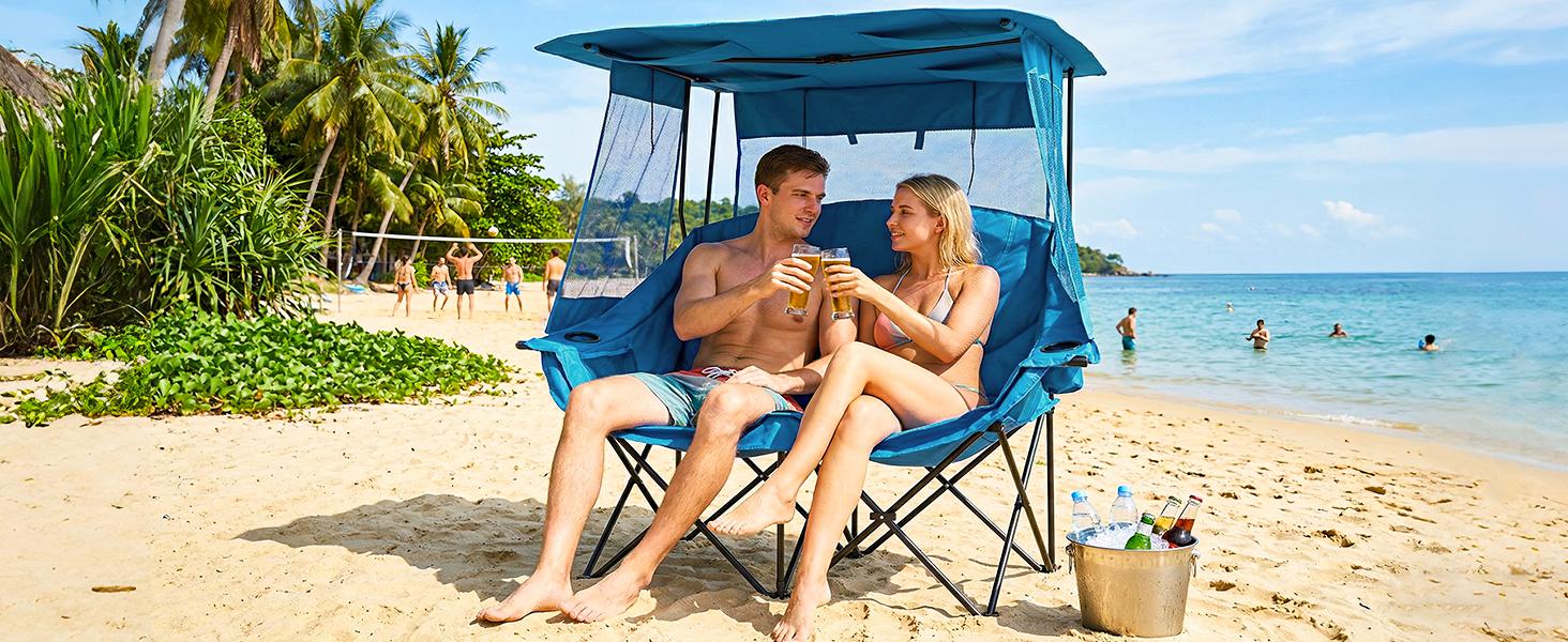 MOPHOTO XXL Double Camping Chair with Shade Canopy, Fully Padded Folding Camping Loveseat , Oversized Camping Bench Lawn Chairs Patio Lounge Chairs for Adults