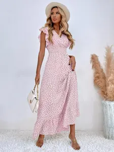 2026 Women's Bohemian Floral Long Dress Summer Day Sleeveless Wrap V Neck Elegant Style Beach Vacation Wedding Guest Gown