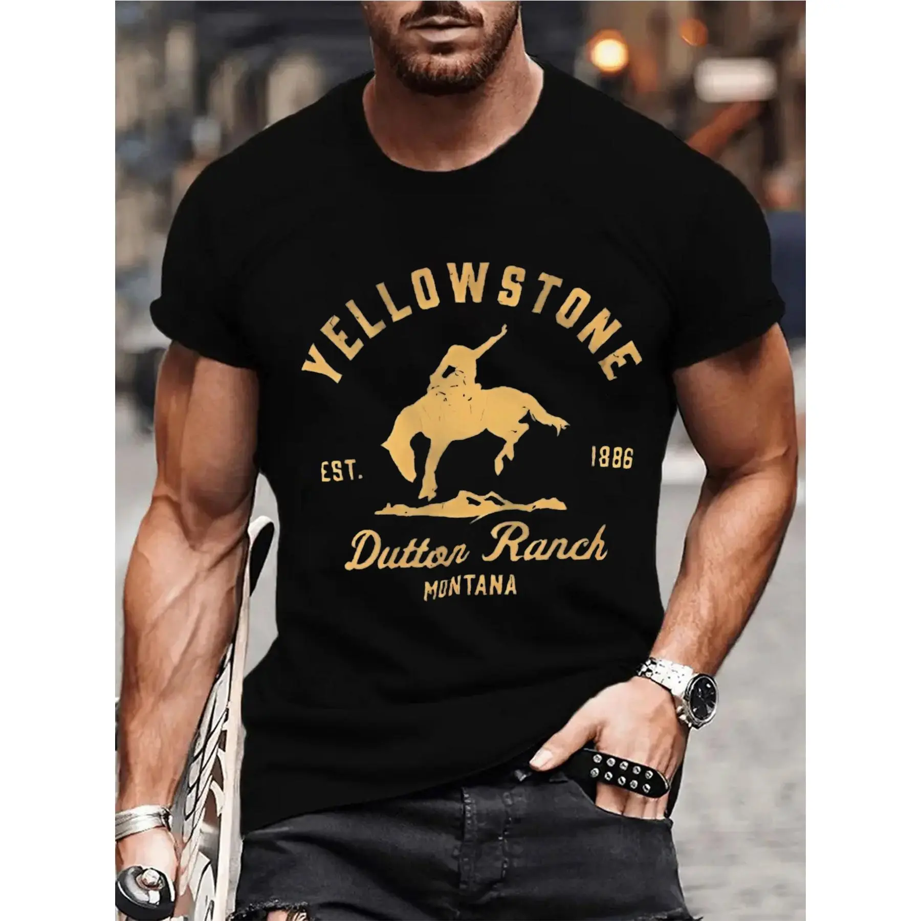 Men's Yellowstone Dutton Ranch Graphic T-Shirt - Black Seamless Cotton Fabric Streetwear Top, Short-Sleeve Retro Western Cowboy Silhouette, Casual Summer Wear for Outings, Parties