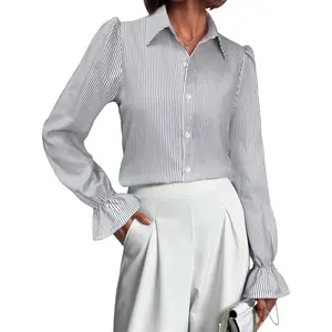 ANRABESS Striped Long Sleeve Blouse for Women 2026 Spring Business Casual Button Down Shirt with Puff Sleeves and Collar