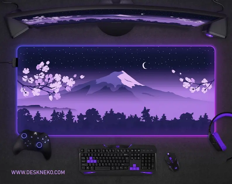 Fuji Desk Mat Purple Blue Mousepad, Japanese Fuji Sakura Cherry Blossom, Mountain landscape, XXL large led rgb gaming deskmat mouse pad xl, Desk Mat Gifts