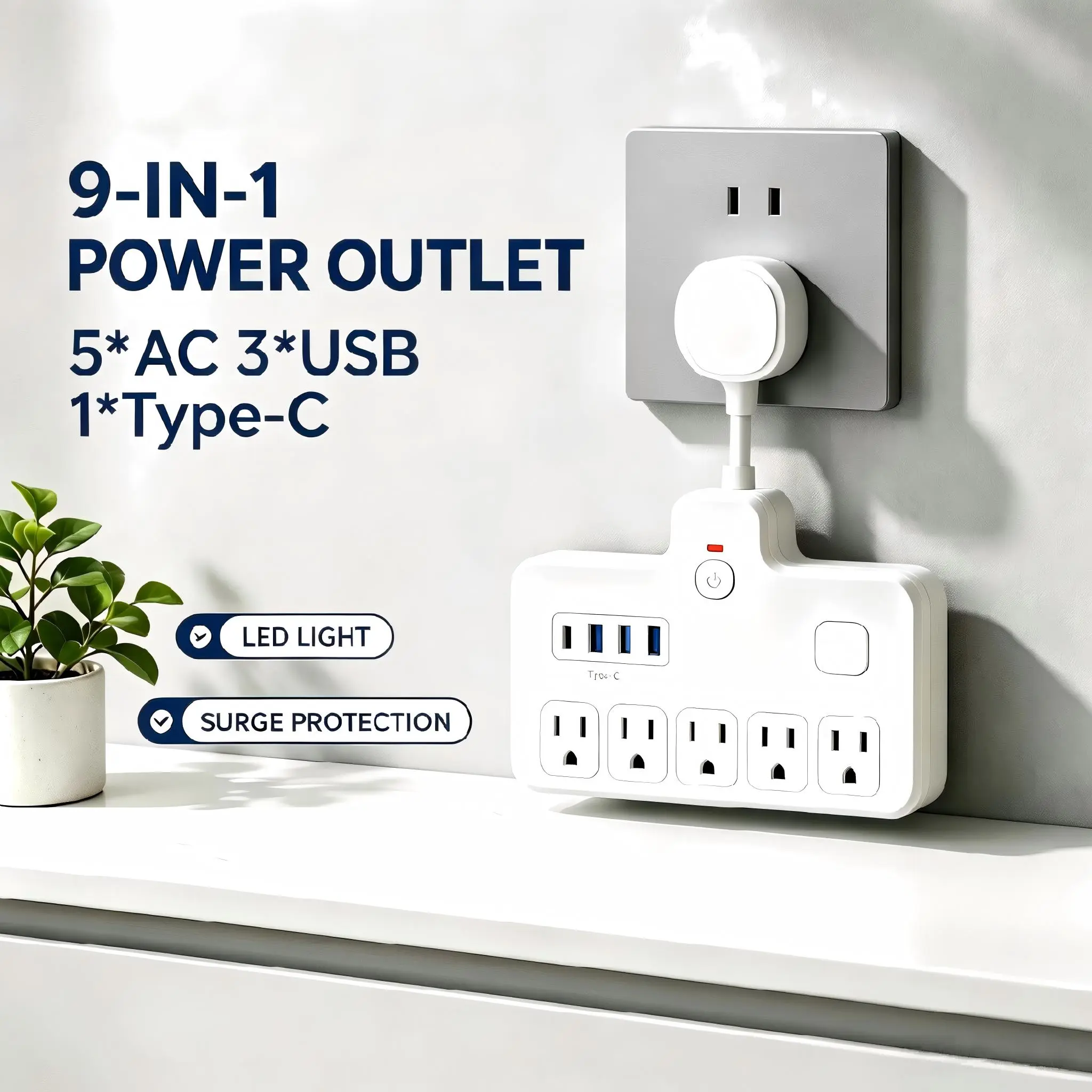 Multi-Outlet Wall Socket Extender Charging Hub with LED Night Light, 5+3+1 Ports (5 AC Outlets, 3 USB, 1 Type-C), Surge Guard, Flexible Installation, Portable Design, Ideal for Home & Office Use