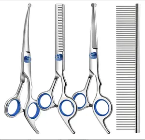 Professional 4 in 1 Dog & Cat Grooming Scissors Kit with Safety Round Tips,Sharp & Durable,Dog Shears for Grooming - Includes Straight, Curved, Thinning Scissors and Comb - Premium Pet Supplies