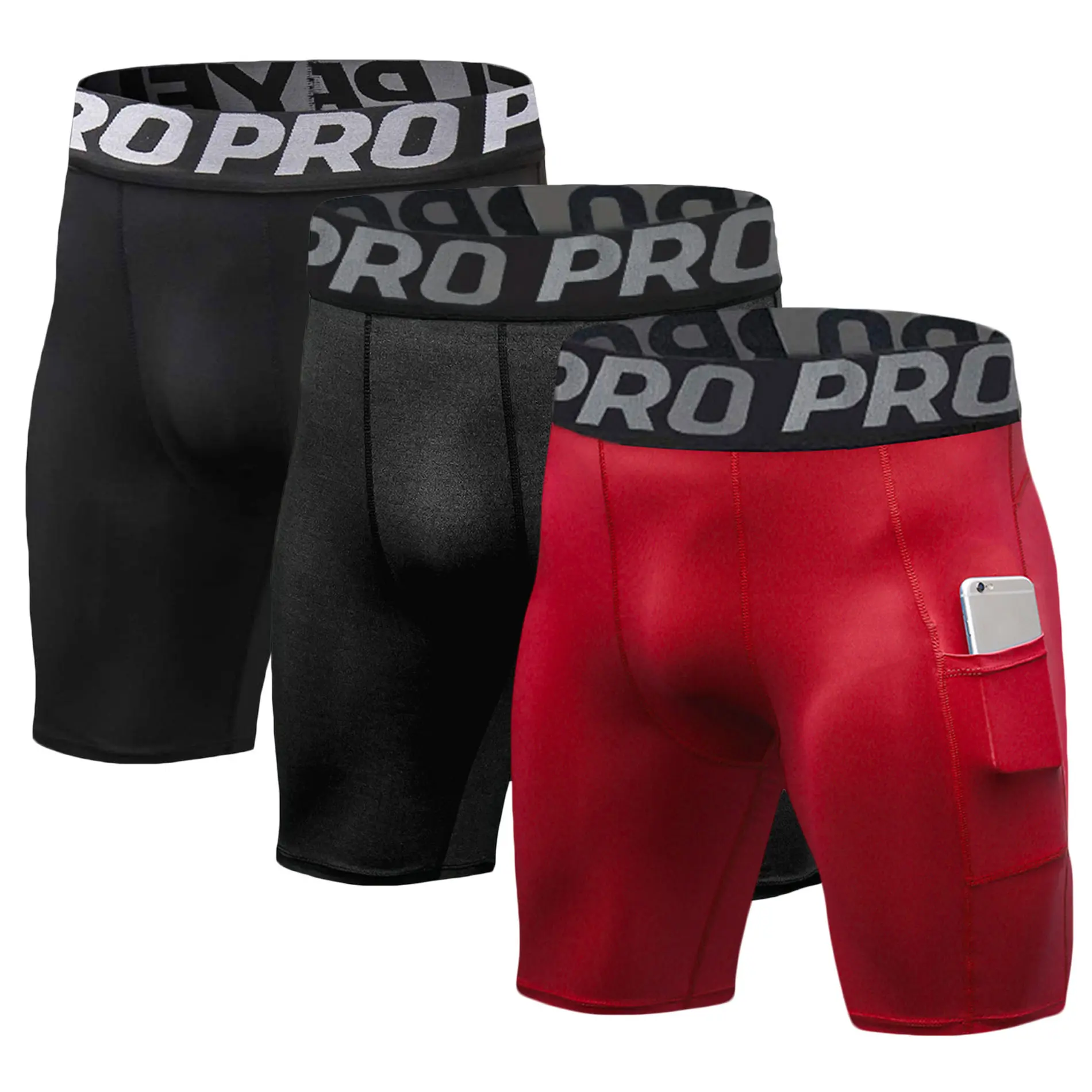 3  Pack Mens Compression Shorts with Phone Pocket Running Gym Yoga Athletic Tights Baselayer Summer Cool Dry Underwear