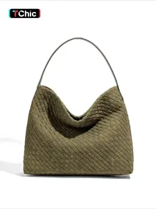 Simple temperament woven women's large-capacity going out shoulder bucket bag commuter bag women's bag Pu Tote Satchel