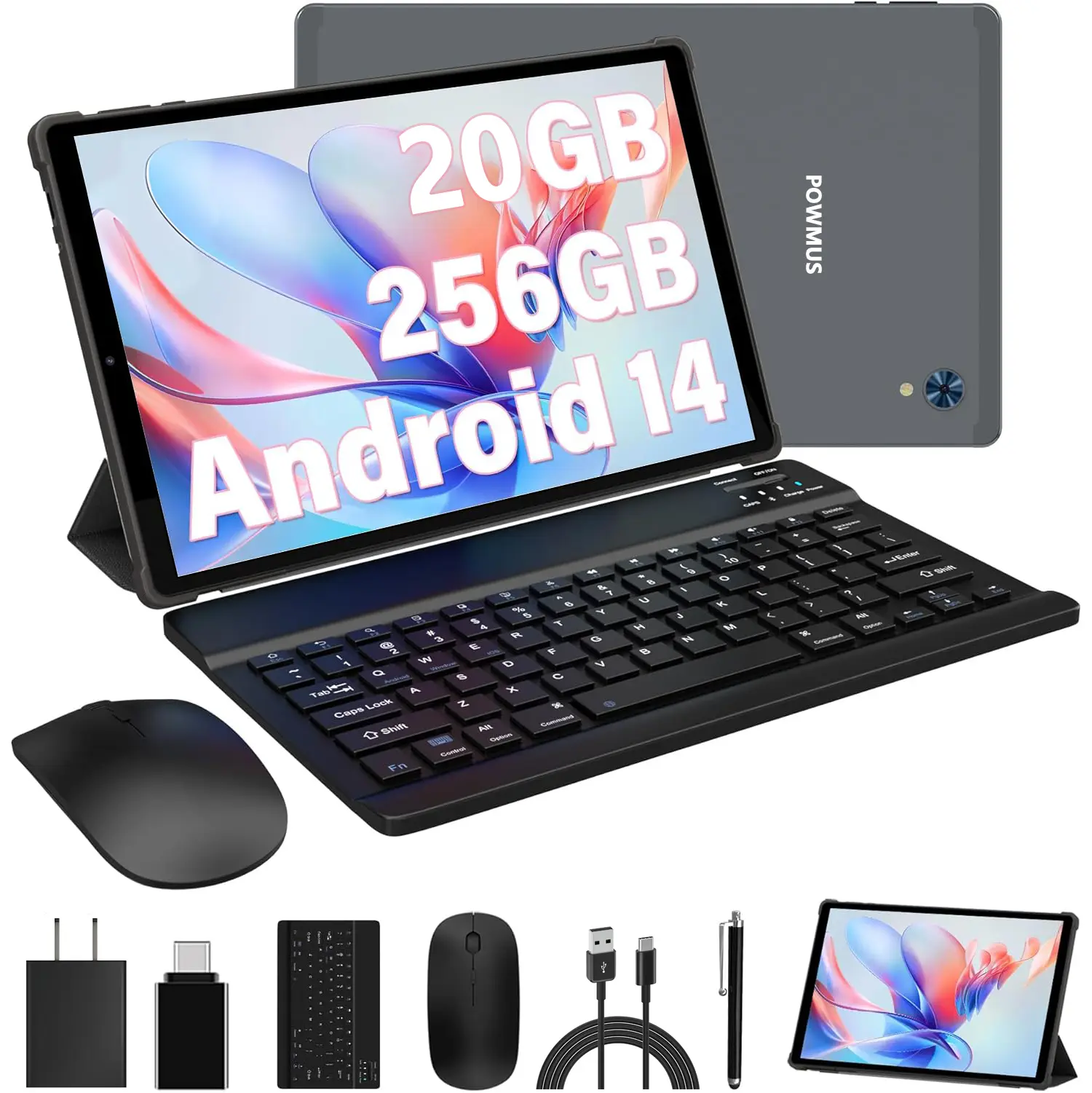 POWMUS 2025 Android 14 Educational Tablet Bundle Package 256GB Storage with Keyboard Mouse Case Dual Camera 20GB(8GB+12GB) RAM 1TB Expand 2K HD IPS Screen Octa Core Processor Shockproof Case