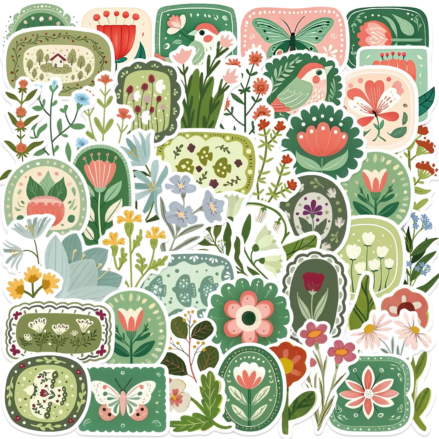 50 Pieces Green Retro Floral Graffiti Stickers, Waterproof Creative DIY Decorative Stickers Suitable for Luggage, Phone Cases, Laptops, Helmets and Skateboards