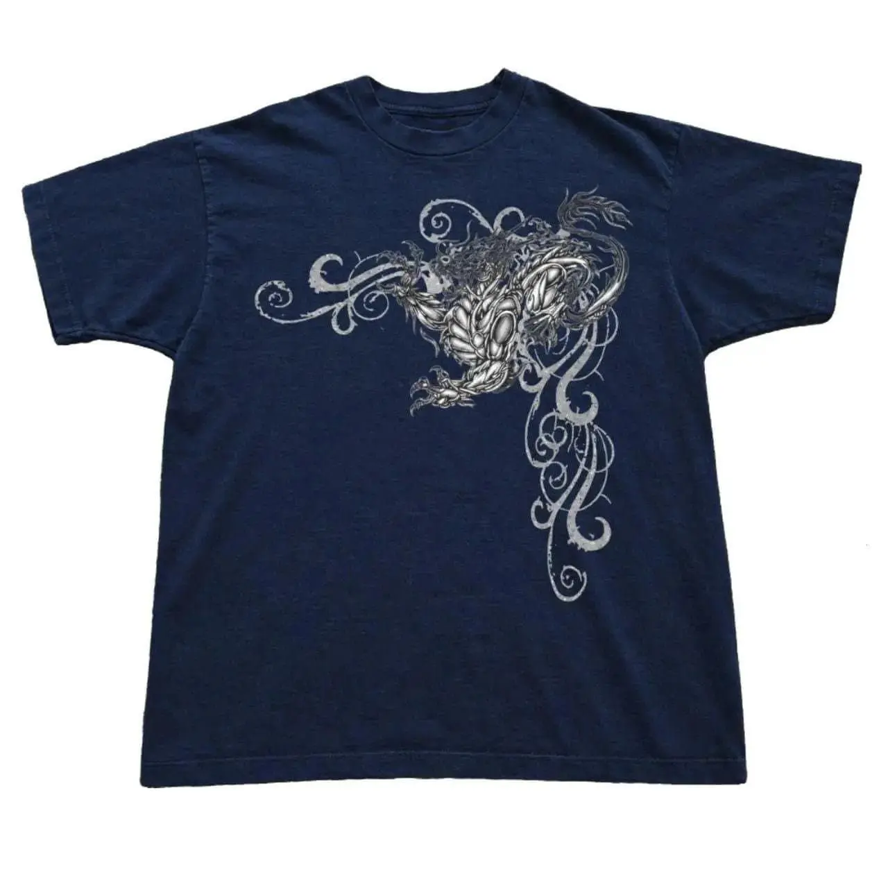 Dragon Tribal Print Tee - Navy Y2K Cyber Grunge Shirt