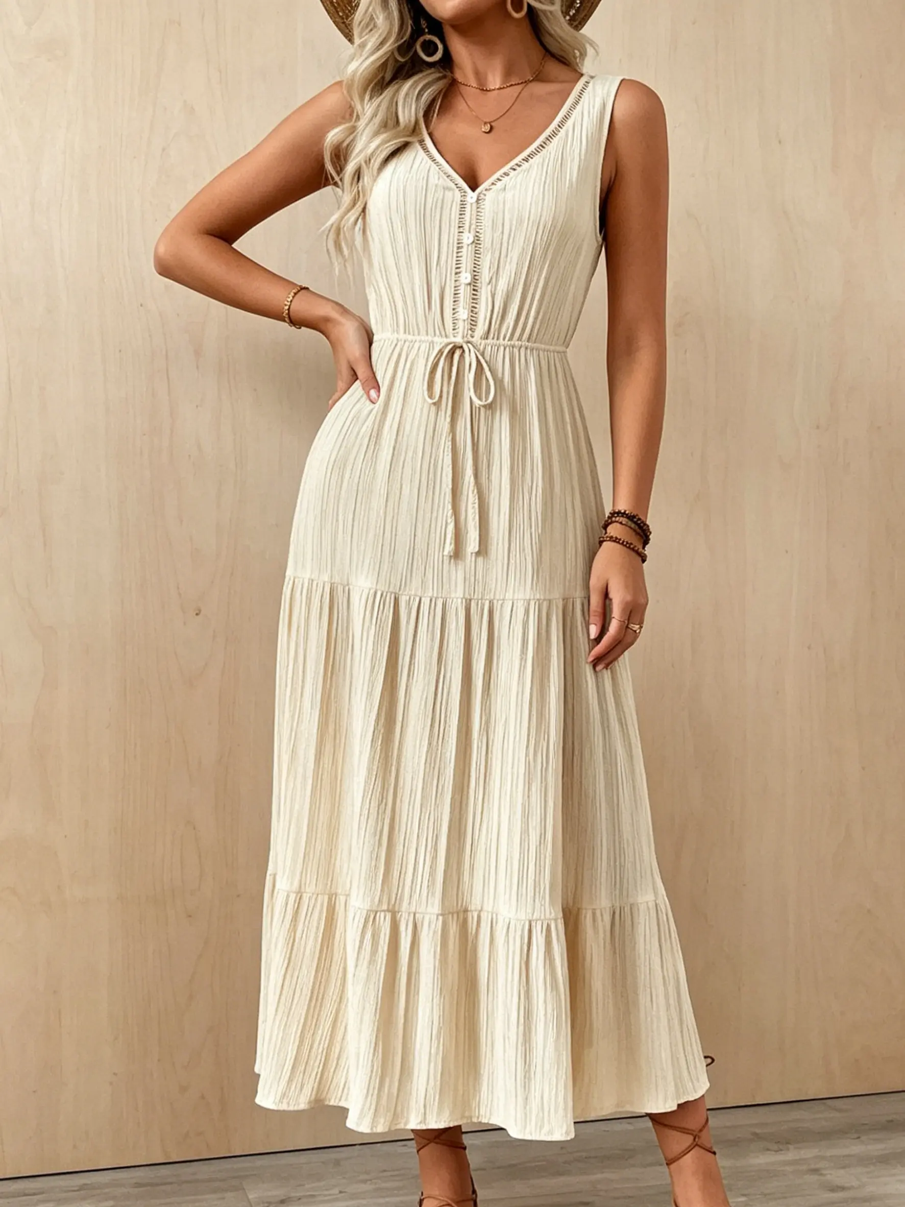 Womens Boho V-Neck Sleeveless Maxi Dress Tiered Flowy Sundress Drawstring Waist 80% Viscose 20% Polyamide 2026 Summer Vacation Resort Wear Textured Crinkle Casual Beach Outfit Elegant Everyday Apparel Flattering Solid Color Cover Up