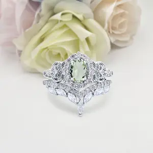 Two Piece Set Chevron 1.21 Carat Natural Green Amethyst Prasiolite Ring Bridal Band Wedding Oval Shape 925 Sterling Silver 21mm