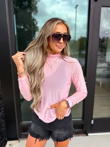 Mock Neck Mesh Top with Pearl Detail in Pink