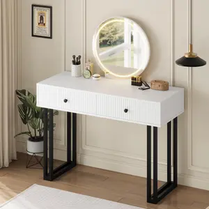 LED Vanity Desk with Round Mirror, 2 Drawers, Adjustable 3-Color Lights, Makeup Storage Desk, Modern Dressing Table Organizer for Bedroom
