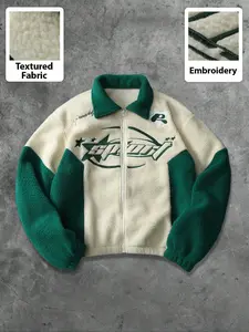 Unisex design, urban streetwear style, autumn and winter color-blocked faux lamb fur jacket with thermal fleece lining and “Sport” pattern embroidery, Loose-fitting collar with zipper for winter outfits, hip-hop, campus styles, and Y2K fa, Coats