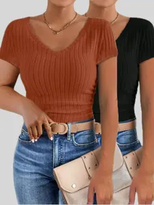 Women's Solid Color Ribbed Tee, Casual Long Sleeve V Neck T-shirt for Spring & Fall, Women's Top for Daily Wear, Summer