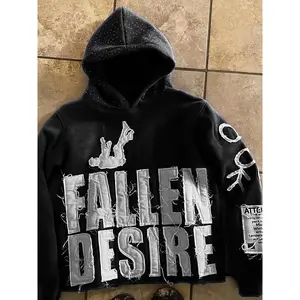 Men's & Women's Punk Streetwear Hoodie with "Fallen Desire" Graphic & Edgy Patchwork Design - Black Distressed Lettering, Heavyweight Comfort Fit Sweatshirt for All-Season Casual Wear (Hand Wash/Dry Clean)